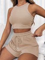 Women's Solid Crop Tank Top & Shorts Two-piece Set, Casual Fitted Sleeveless Top & Shorts for Summer, Ladies Clothes for Dail...