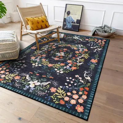 Vintage Floral Pattern Rug, Non-slip Soft Area Rug, Room Accessories Decorative Floor Carpet for Home Living Room Bedroom, Ro...