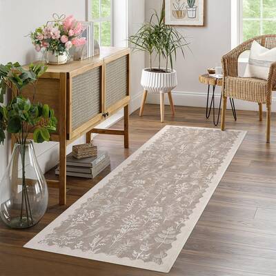 Garvee 2x6 Washable Runner Rug Floral Print Non Slip Backing Low Pile Soft Polyester Stain Resistant Brown Hallway Kitchen