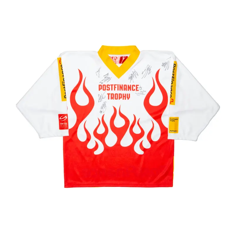 SWISS ICE HOCKEY Postfinance Trophy Signed Red V-Neck Long Sleeve Jersey Mens S