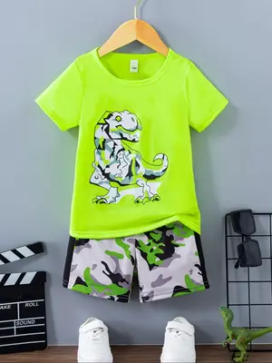 Two-piece Set Boy's Dinosaur Print Short Sleeve Tee & Camo Print Elastic Waist Shorts, Casual Round Neck T-shirt & Shorts, Su...