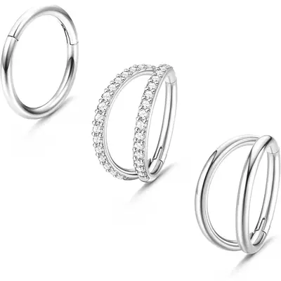 FLORIDECO 3PCS 16G Stainless Steel Nose Rings Hoop for Women Septum Clicker Nose Rings CZ Hinged Segment Septum Lip Nose Ring...