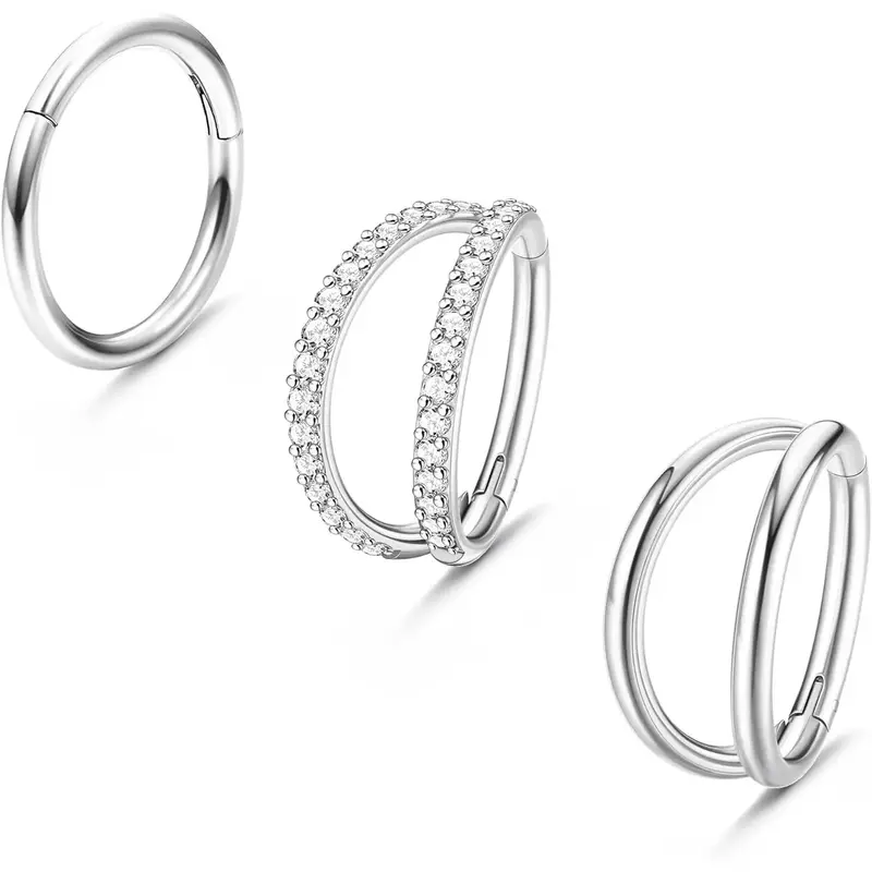 FLORIDECO 3PCS 16G Stainless Steel Nose Rings Hoop for Women Septum Clicker Nose Rings CZ Hinged Segment Septum Lip Nose Ring...