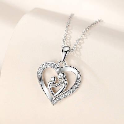 Mother's Day Brass Micro Pave Clear Cubic Zirconia Mother and Baby Heart Pendant Necklaces for Women