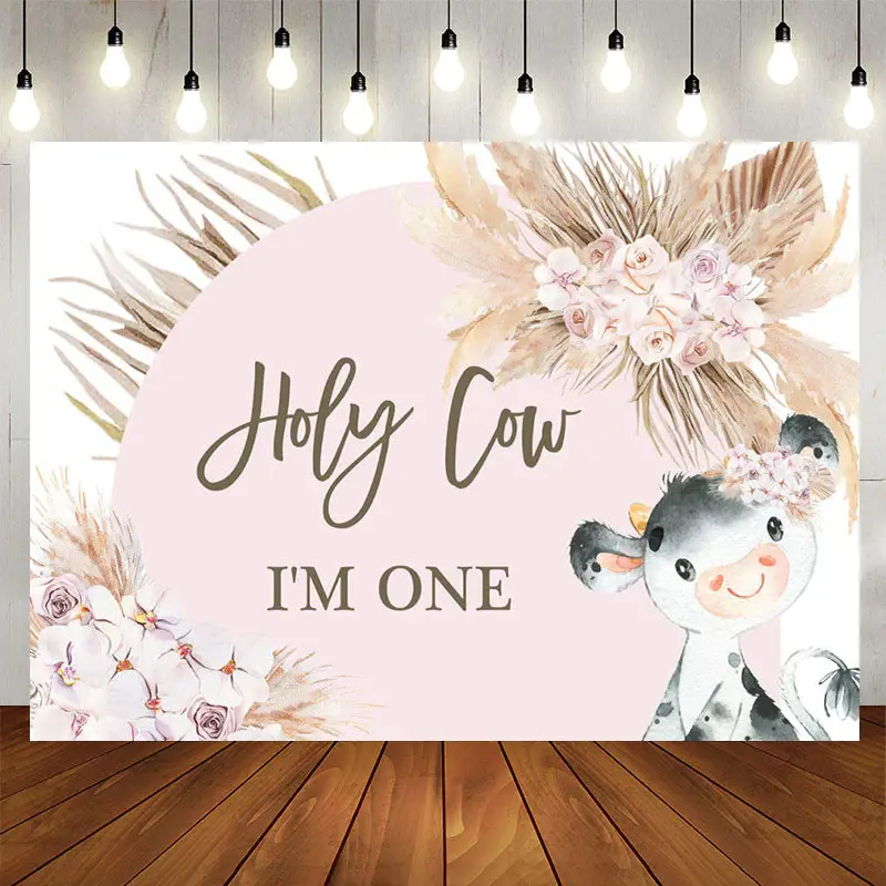 Aperturee Holy Cow Lovely Pink Happy 1St Birthday Backdrop