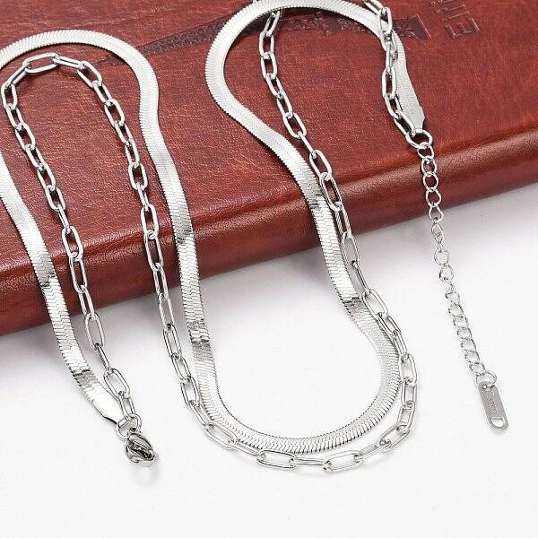 Non-Tarnish 304 Stainless Steel Paperclip & Herringbone Chains Double Layer Necklace for Men Women