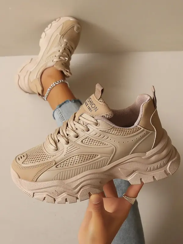 Women's Lace-Up Low-Top Chunky Sneakers, Lightweight & Breathable Design, Perfect for Daily Wear, Outdoor Activities, and Fal...
