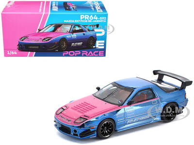 Mazda RX7 (FC3S) RE Amemiya RHD (Right Hand Drive) Blue Chrome with Pink Hood Street 7 Chrome 1/64 Diecast Model Car by Pop...