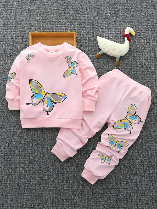 Girl's Butterfly Print Sweatshirt & Elastic Waist Pants Set, Casual Round Neck Long Sleeve Pullover & Trousers for Spring & F...