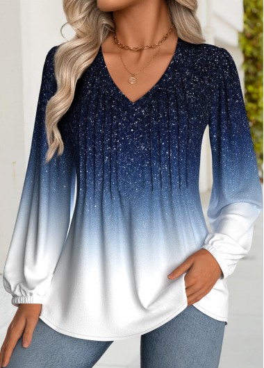 Modlily Dark Blue Tummy Coverage Ombre Long Sleeve T Shirt - XL