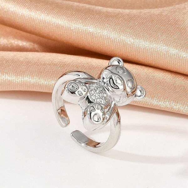 Bear Brass Micro Pave Clear Cubic Zirconia Open Cuff Rings for Women