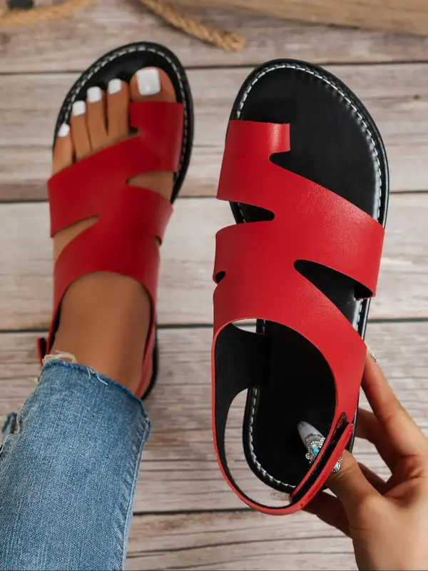 Women's Simple Plain Color Toe Thong Flat Sandals, Casual Velcro Slingback Summer Shoes, Lightweight Sandals, New Trend All-m...