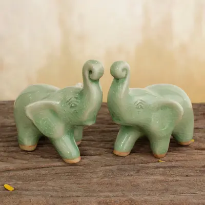 NOVICA Lucky Green Elephant Ceramic Figurines