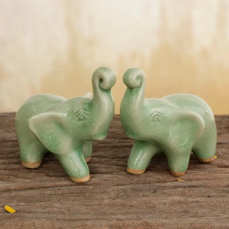 NOVICA Lucky Green Elephant Ceramic Figurines