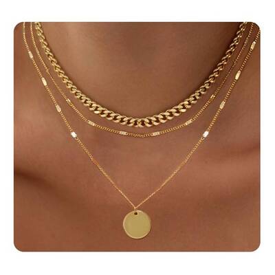 3Pcs Brass Disc Pendant 3 Layer Necklaces for Women