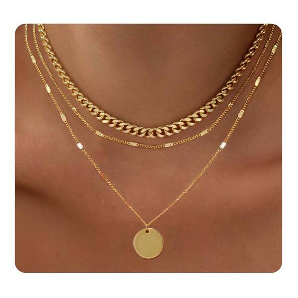3Pcs Brass Disc Pendant 3 Layer Necklaces for Women