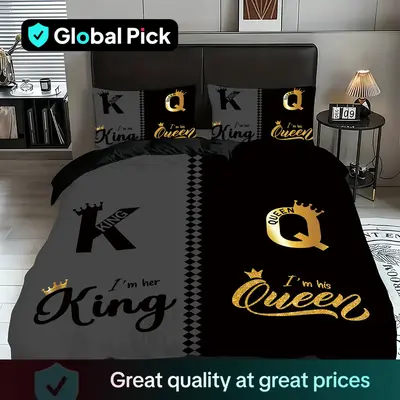 Letter & Crown Pattern Bedding Set, 1 Count Quilt Cover & 2 Counts Pillowcase without Filler, Soft Comfortable Bedding Set fo...