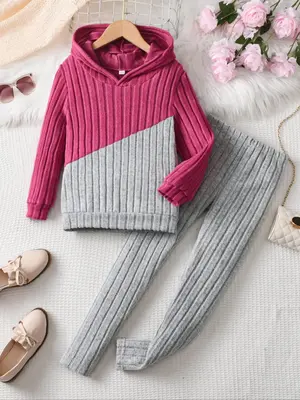 Two-Piece Set Girl's Colorblock Hooded Sweatshirt & Plain Elastic Waist Pants Ribbed Set, Casual Long Sleeve Hooded Sweatshir...