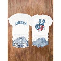 Ladies' Patriotic 'America' Pattern T-shirt - Short Sleeved, Round Neck, Casual Summer Top with American Flag Design, Cotton ...