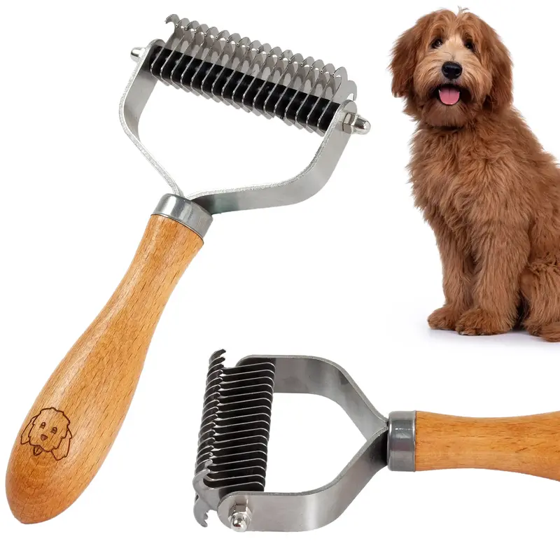 [We Love Doodles] Pet Dematting Comb for Dogs & Cats, Dual-Sided Undercoat Grooming Brush with Wood Handle and Stainless Stee...