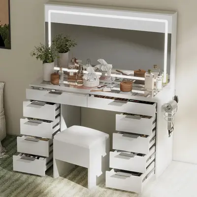 [Live Only] YITAHOME Vanity Desk Set with Large Lighted Mirror and Power Outlet, 46\