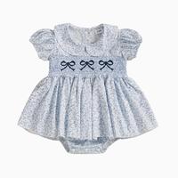 Baby Girl Summer Clothes Infant Bow Smocked Romper Dress Newborn Short Sleeve Bowknot Embroidery Floral Print Cute Onesie Dre...