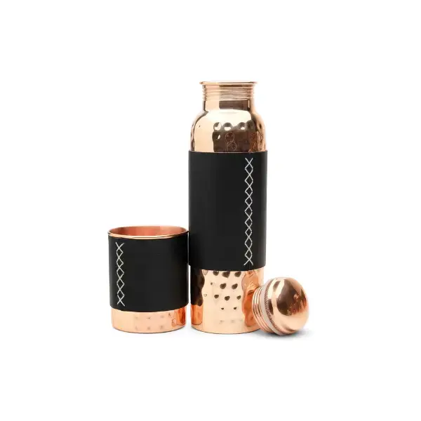 Kitchen Science Pure Copper Water Bottle (32oz/950ml) With Copper Tumbler and Black Leather Sleeves