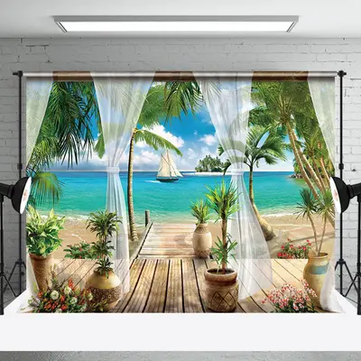 Palm Tree Curtain Sea Beach Summer Photo Backdrop - Aperturee