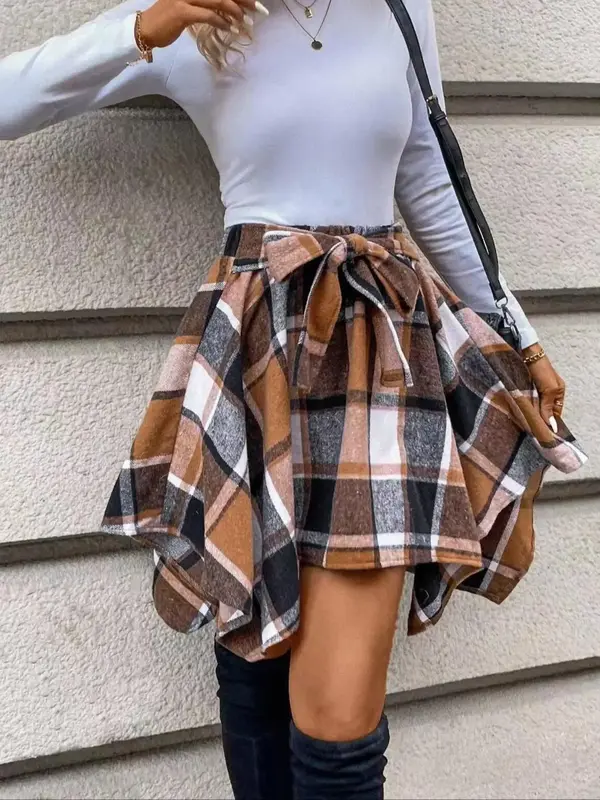 Women's Plaid Print Asymmetrical Hem Skirt, Casual High Waist Short Skirt for Fall & Winter, Women's Bottoms for Daily Wear, ...