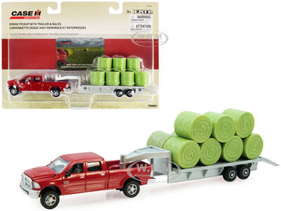 Dodge Ram 2500 Heavy Duty Pickup Truck Red with Flatbed Trailer Silver and 11 Hay Bales Set of 3 pieces \
