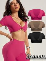Women's Solid Color Crop Sports Tee, Casual Sporty Short Sleeve T-shirt for Yoga Gym Workout, Ladies Sportswear for All Seaso...
