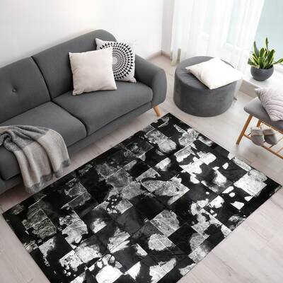 Black Cowhide & Silver Leaf Patchwork Rug