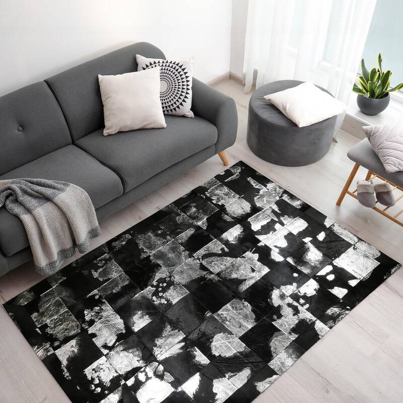 Black Cowhide & Silver Leaf Patchwork Rug