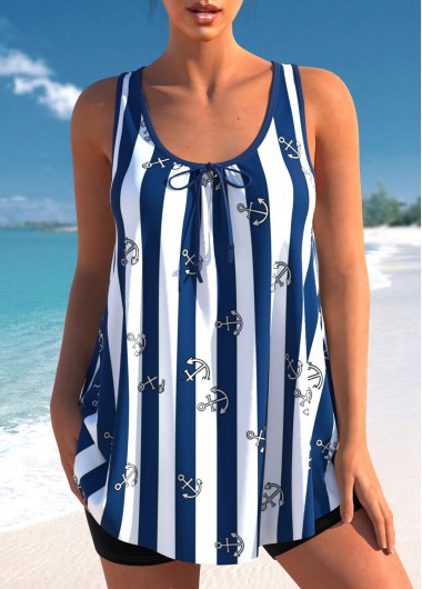 Modlily Striped Navy Blue Bowknot Tankini Set - L