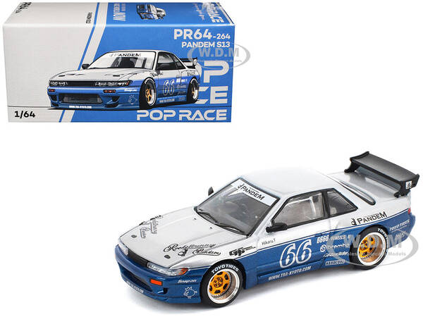 Pandem S13 RHD (Right Hand Drive) Silver and Moontech Blue Metallic with Graphics 1/64 Diecast Model Car by Pop Race