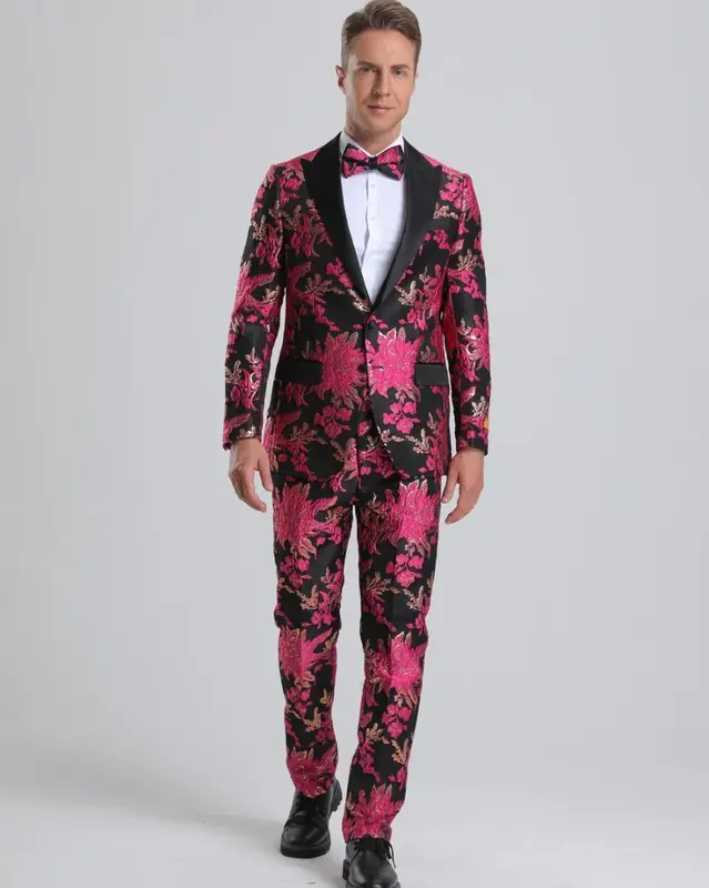 Light Pink Suit For Men's Fuchsia Pink & Black Floral Paisley Prom Tuxedo