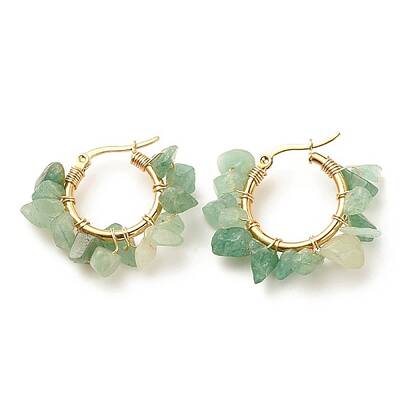 Natural Green Aventurine Chips Braided Hoop Earrings