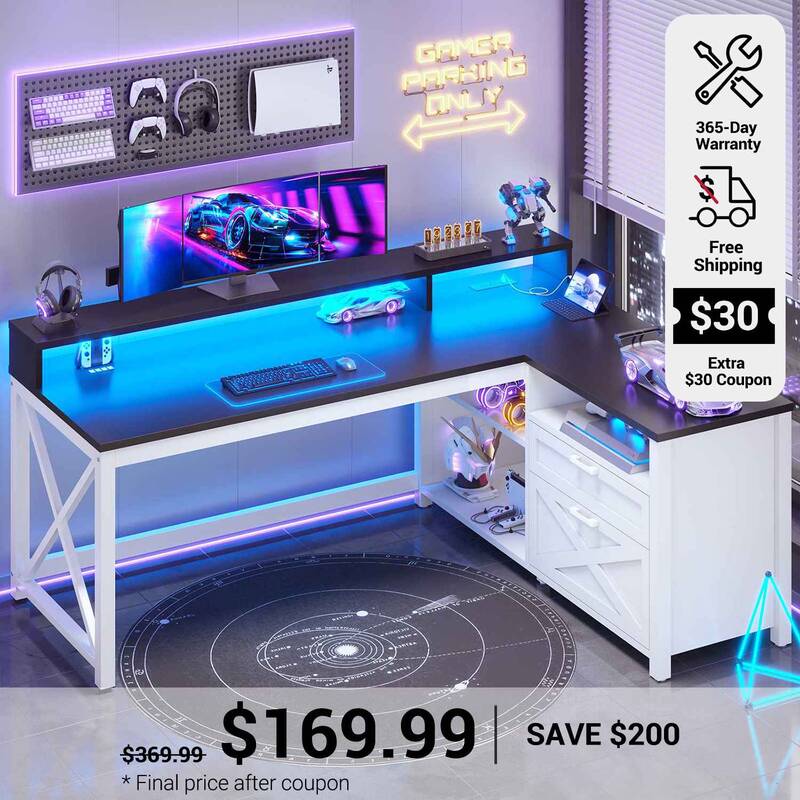 SEDETA ® 55 Inch Farmhouse Computer Desk L Shaped Gaming Desk with Drawers and Storage Shelves Rustic Brown Home Office Furn...