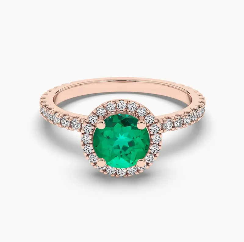 10K Rose Gold Round Cut Emerald & Diamond Halo Engagement Ring