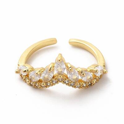 Clear Cubic Zirconia Crown Open Cuff Ring with Glass