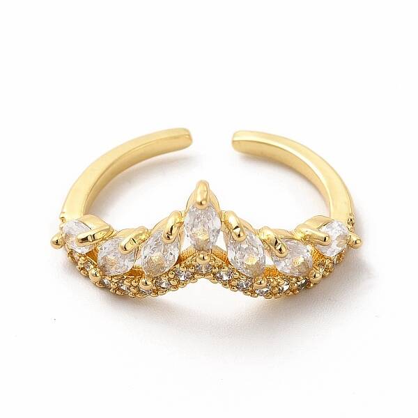 Clear Cubic Zirconia Crown Open Cuff Ring with Glass