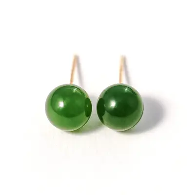 18K Gold Green Jade Bead Stud Earrings