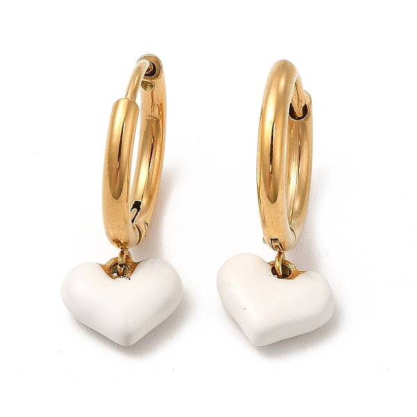 White Enamel Heart Dangle Hoop Earrings