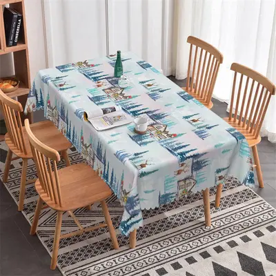 Blue Pine Tree Reindeer Christmas House Tablecloth - Aperturee