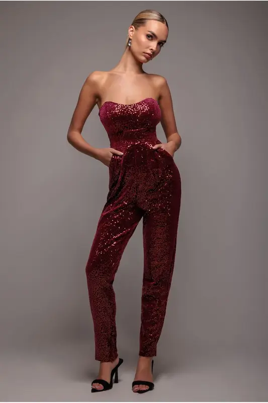 Goddiva Sequin & Velvet Corset Romper - Wine