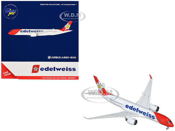 Airbus A350-900 Commercial Aircraft Edelweiss Air (HB-IHC) White with Red Tail 1/400 Diecast Model Airplane by GeminiJets