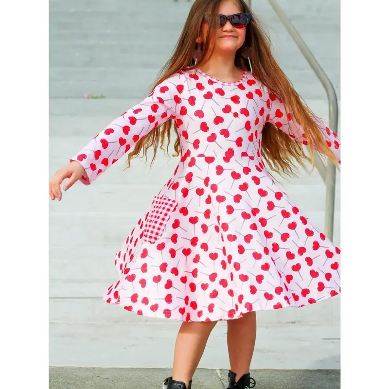 Heart Sucker For You Gingham Pocket Pink Girls or Toddler Size Long Sleeve Pink & Red Valentine's Day Skater Style Dress