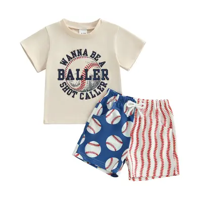 2Pcs Toddler Baby Boy Baseball Outfit Set Short Sleeve Letters Print T-shirt Top with Baseball Shorts Summer Clothes
