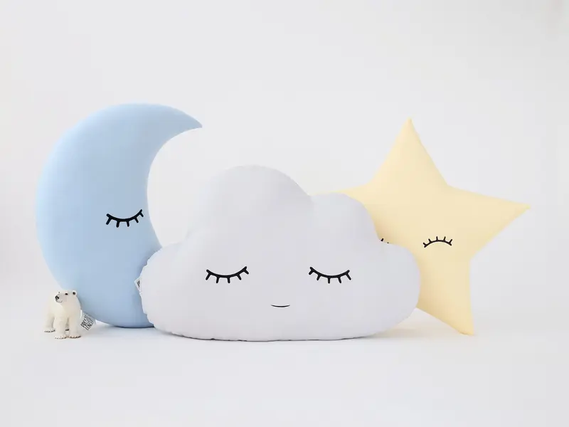 Set of 3 Pillows - Light Gray Cloud, Baby Blue Moon and Pastel Yellow Star Pillows