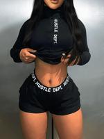 Women's Letter Print Two-piece Set, Casual High Neck Long Sleeve Tee & Pocket Shorts Set, Two Piece Set, Summer Clothes Women...